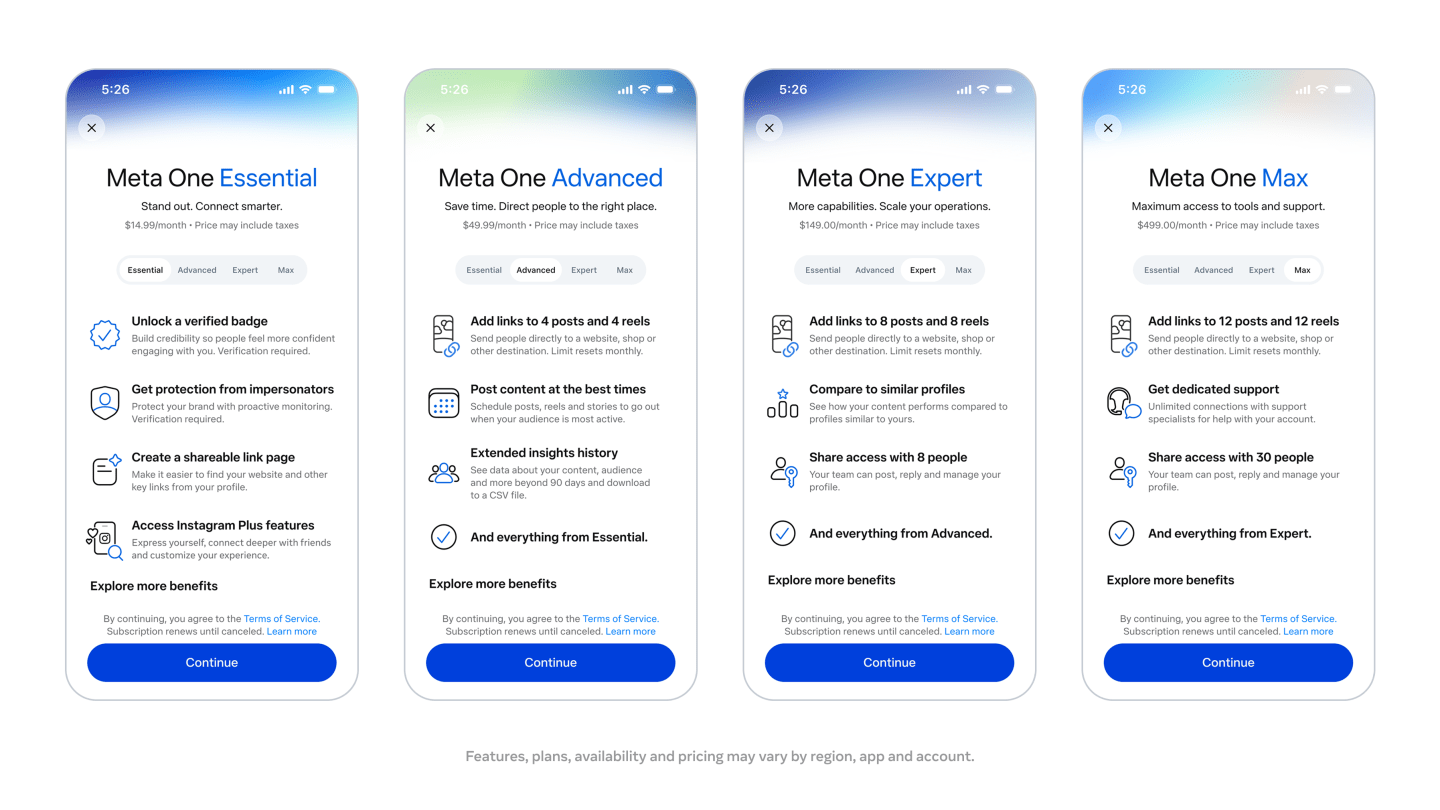 Meta lanza Meta One, suscripciones para Instagram, Facebook y WhatsApp con planes desde $3.99 hasta $499 al mes